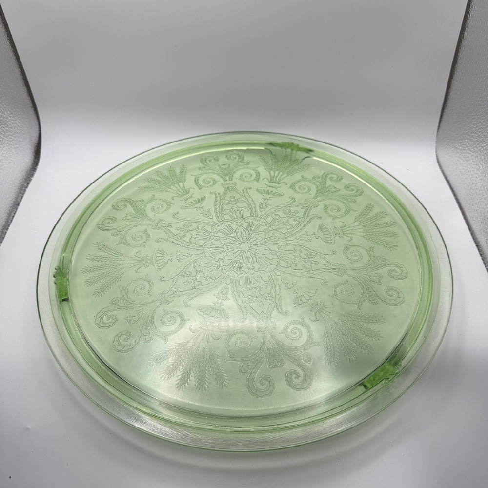 Vintage Hocking Green Princess Uranium Depression Glass Cake Plate Platter Tray